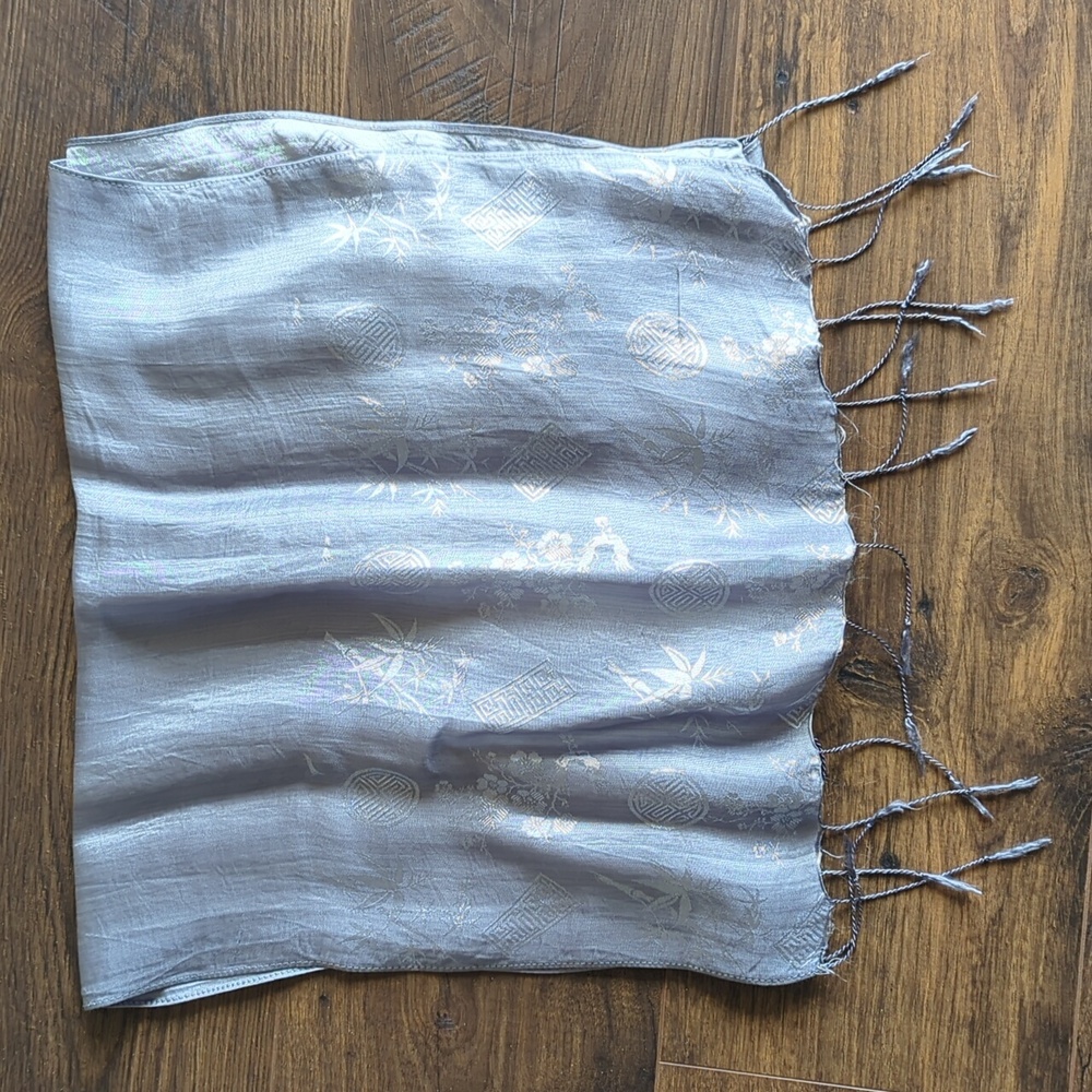 Elegant Silver Silk Scarf with Fringe